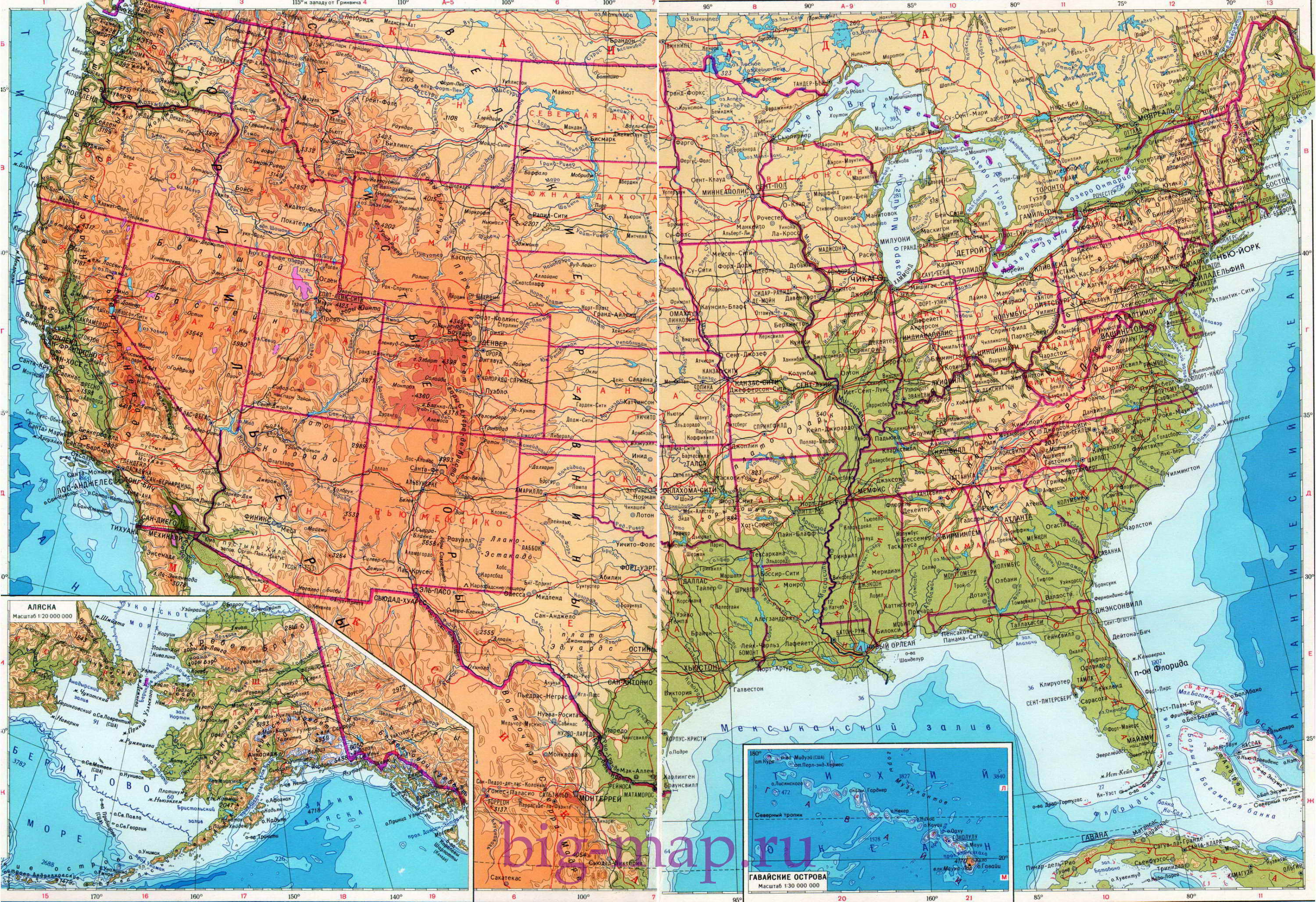 Географическая карта США на русском языке. Подробная карта США Соединенные штаты Америки, A0 - 